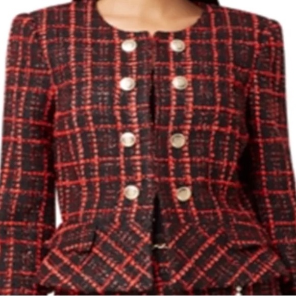 Tahari  Red Plaid Suit Peplum Suit with Gold Buttons and Chain-link  Belt. NWT. - Picture 3 of 7